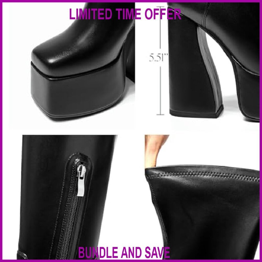 Knee High Platform Boots Chunky Heel Side Zipper Stretch PU Size 8 - Picture 6 of 8